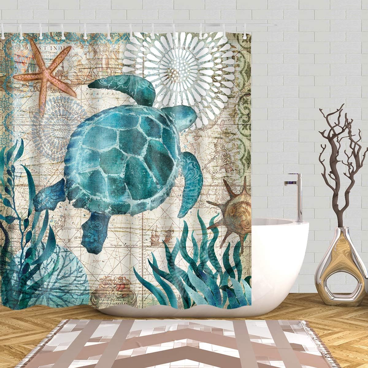 Sea Turtle Shower Curtain Ocean Animal Print Waterproof Fabric Bathroom Decor