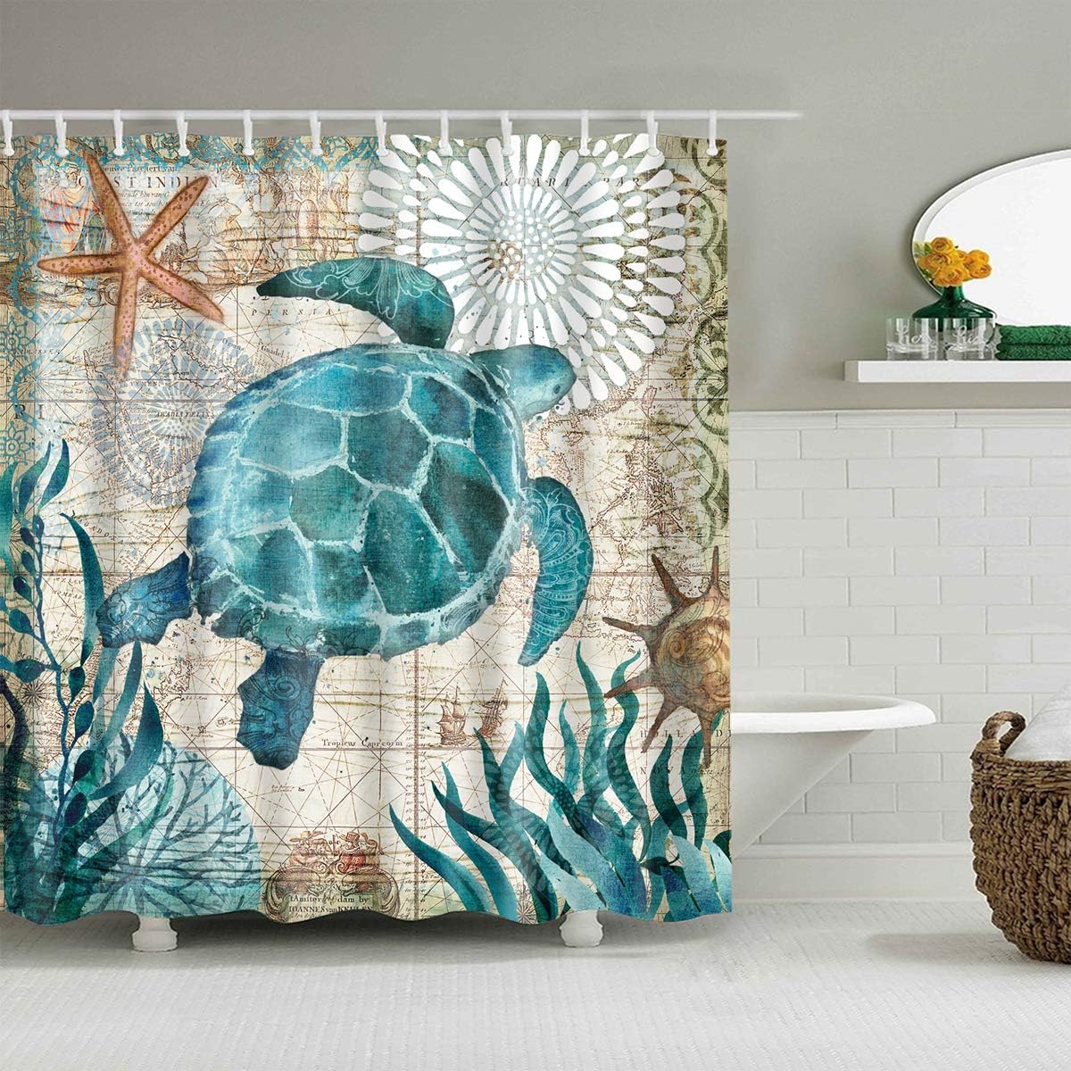 Sea Turtle Shower Curtain Ocean Animal Print Waterproof Fabric Bathroom Decor