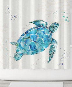 Sea Turtle Shower Curtain Underwater Seaweed Seashell Nautical Bathroom Decor