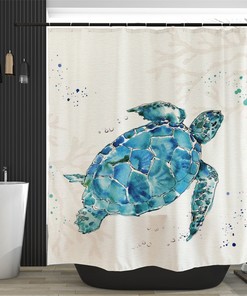 Sea Turtle Shower Curtain Underwater Seaweed Seashell Nautical Bathroom Decor