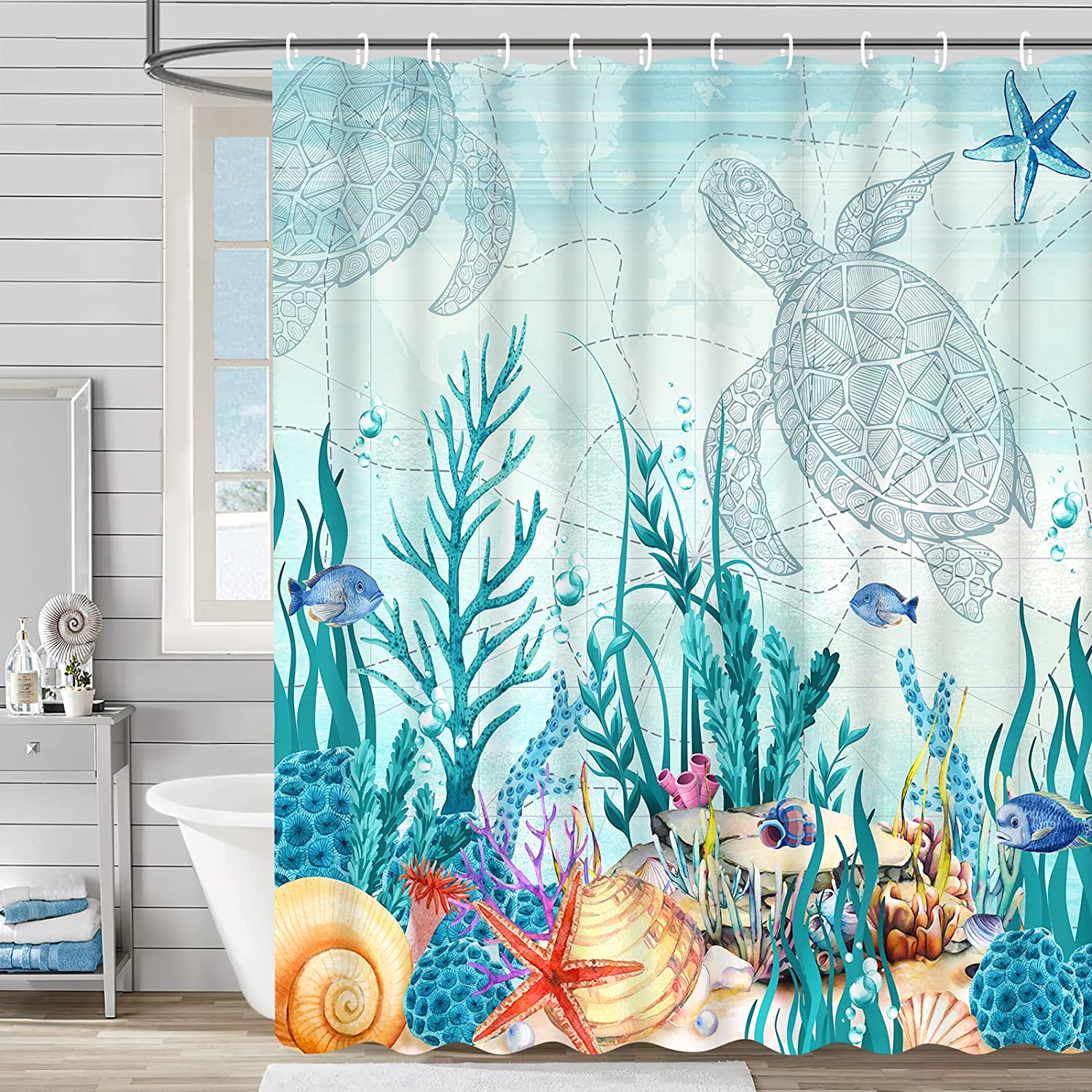 Sea Turtle Shower Curtain with Coastal and Ocean Themed Beach Prints, Teal Bathroom Decor
