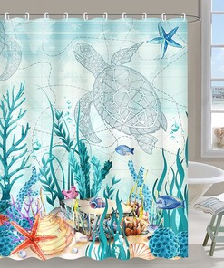 Sea Turtle Shower Curtain with Coastal and Ocean Themed Beach Prints, Teal Bathroom Decor