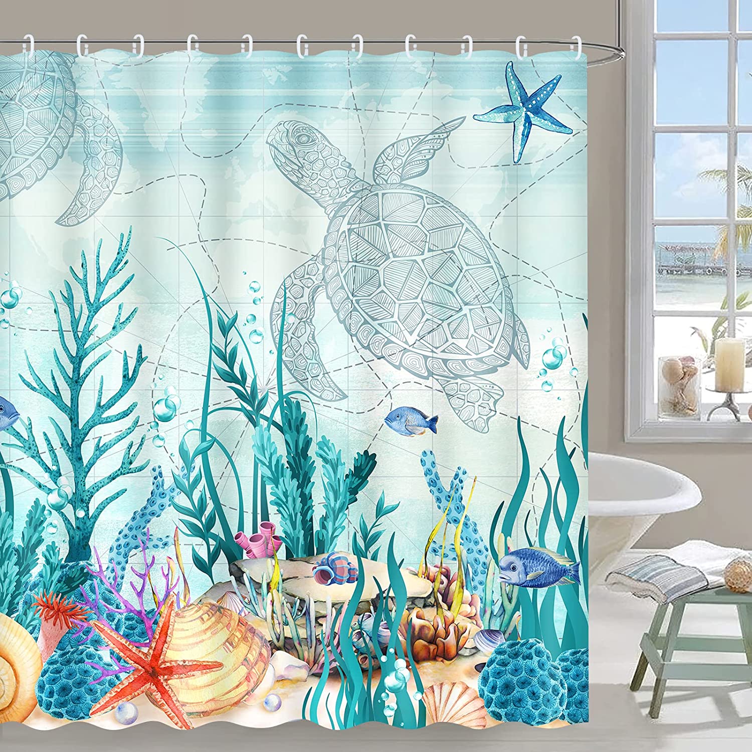 Sea Turtle Shower Curtain with Coastal and Ocean Themed Beach Prints, Teal Bathroom Decor