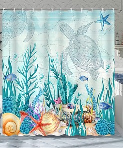 Sea Turtle Shower Curtain with Coastal and Ocean Themed Beach Prints, Teal Bathroom Decor