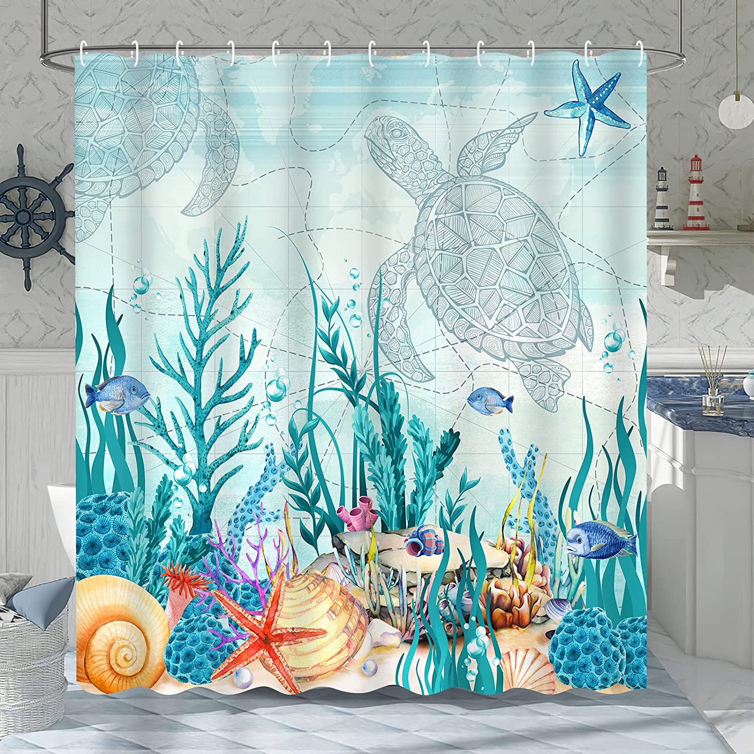 Sea Turtle Shower Curtain with Coastal and Ocean Themed Beach Prints, Teal Bathroom Decor