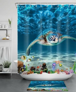 Sea Turtle, Starfish, and Fish Nautical Tropical Ocean Shower Curtain, for Bathroom Decor 