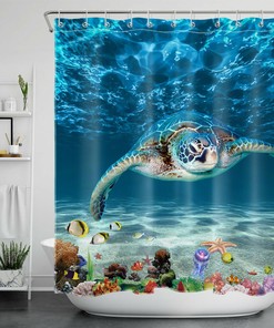 Sea Turtle, Starfish, and Fish Nautical Tropical Ocean Shower Curtain, for Bathroom Decor