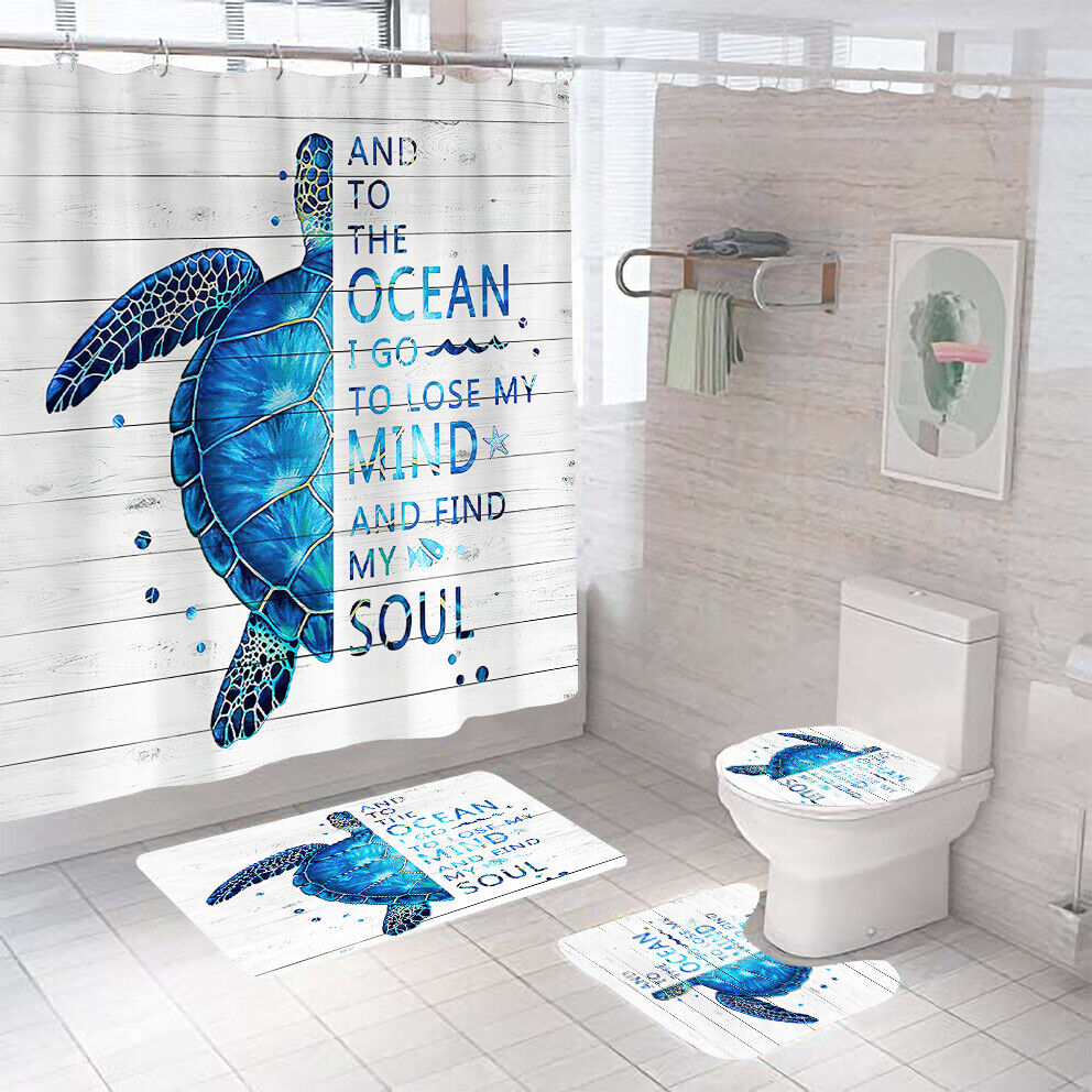 Sea Turtle and Coral Print Shower Curtain Waterproof Fabric for Underwater Themed Bathroom Decor