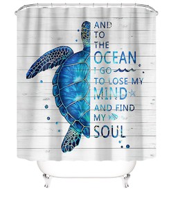 Sea Turtle and Coral Print Shower Curtain Waterproof Fabric for Underwater Themed Bathroom Decor