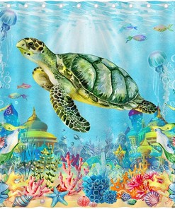 Sea Turtle and Seashell Ocean Shower Curtain for Nautical Bathroom Decor