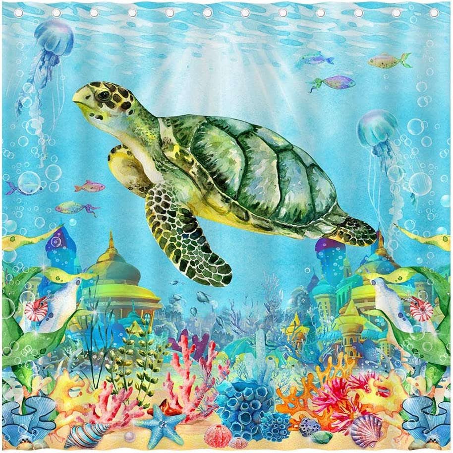 Sea Turtle and Seashell Ocean Shower Curtain for Nautical Bathroom Decor