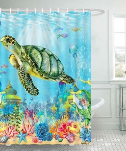 Sea Turtle and Seashell Ocean Shower Curtain for Nautical Bathroom Decor