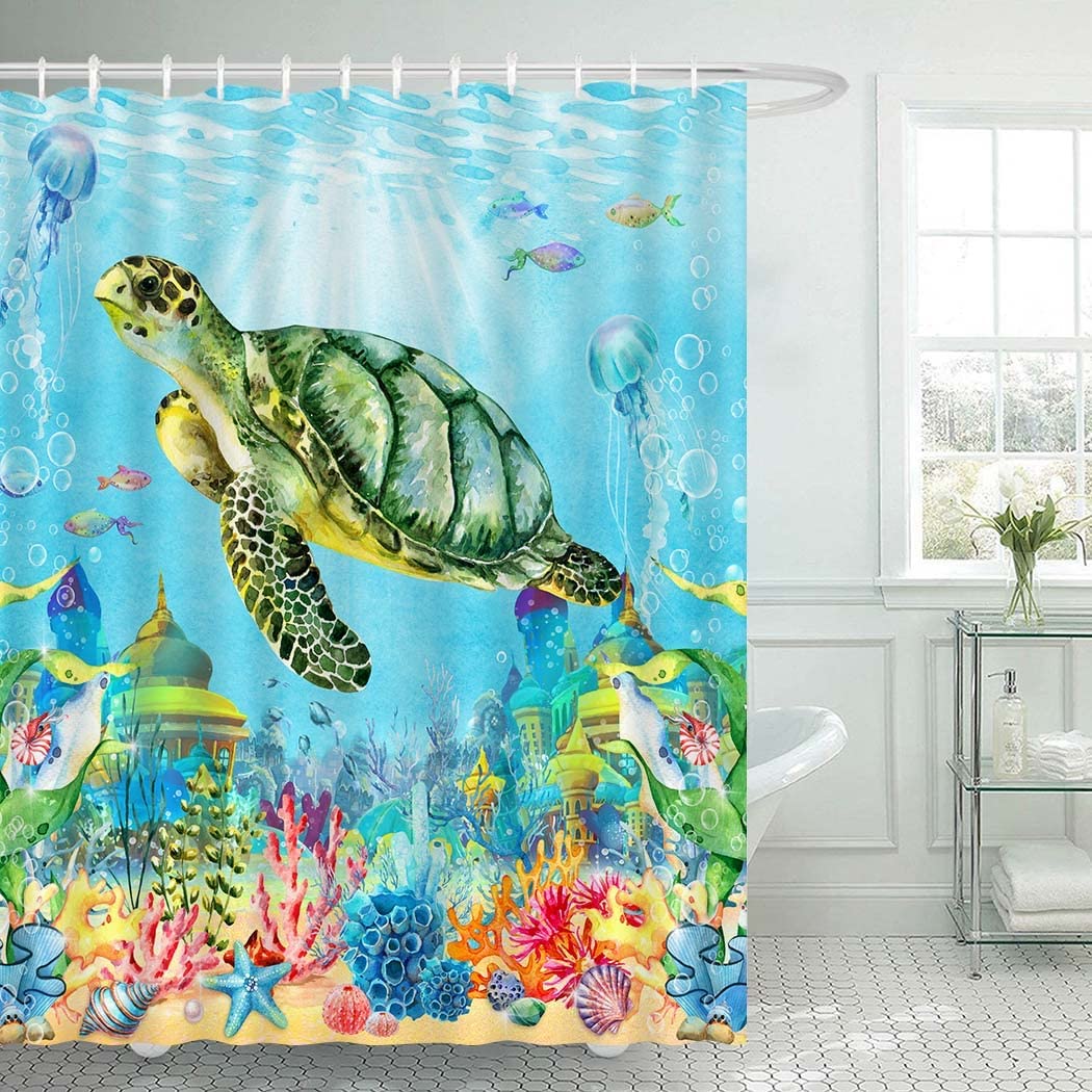 Sea Turtle and Seashell Ocean Shower Curtain for Nautical Bathroom Decor