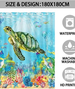 Sea Turtle and Seashell Ocean Shower Curtain for Nautical Bathroom Decor