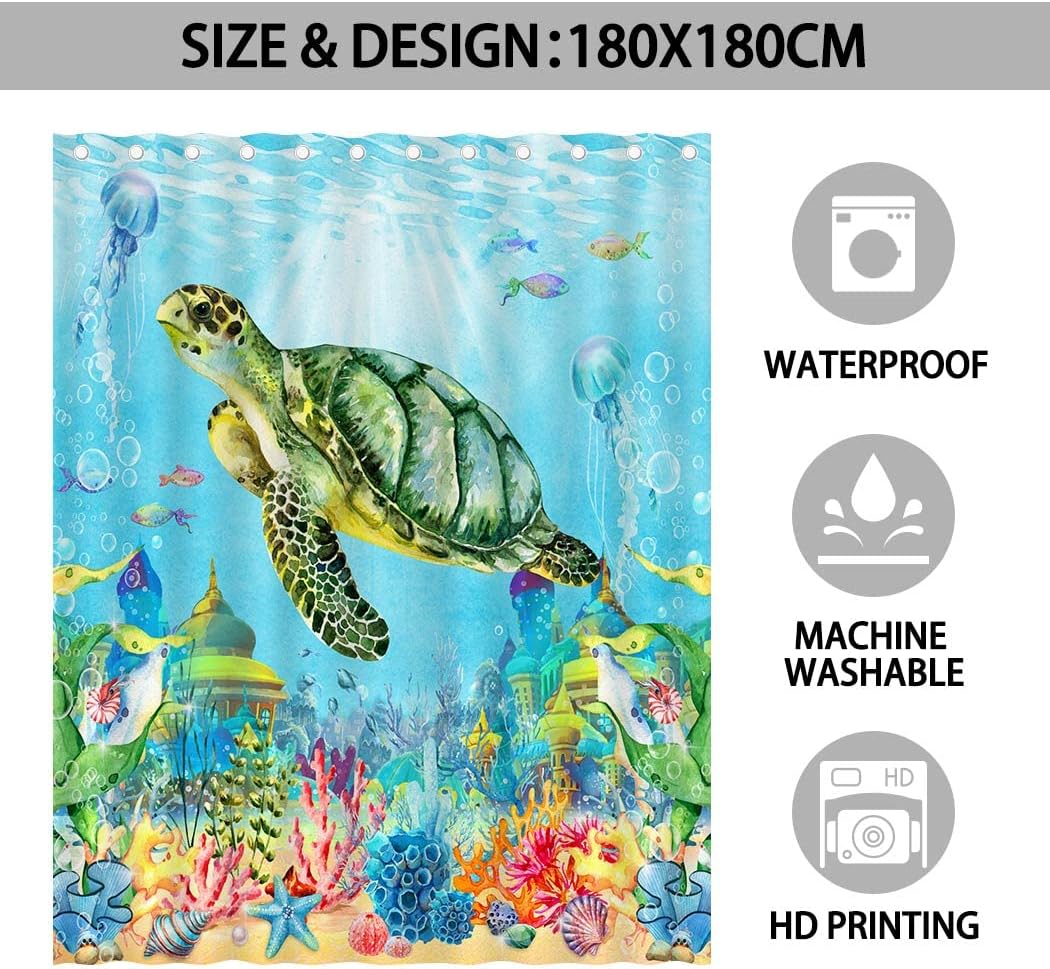 Sea Turtle and Seashell Ocean Shower Curtain for Nautical Bathroom Decor