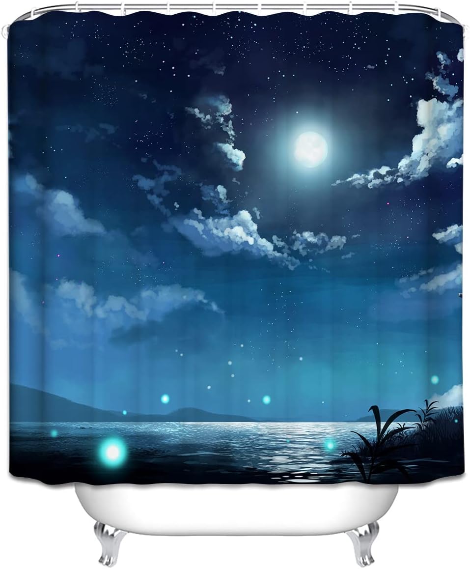 Sea View At Night Starry Moon At Night Printed Shower Curtain For Home Hotels