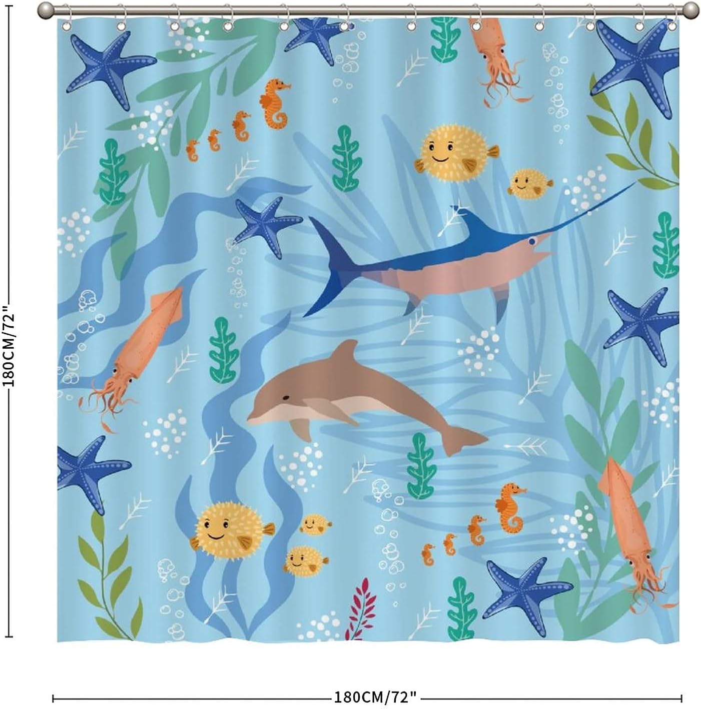 Sea Whale Dolphin Fish Shower Curtain - Custom Durable Fabric - Image 2