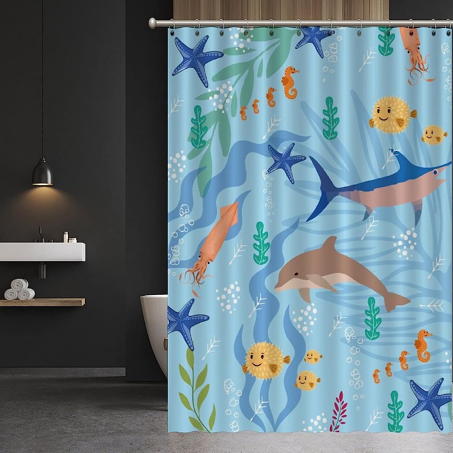 Sea Whale Dolphin Fish Shower Curtain - Custom Durable Fabric - Image 3