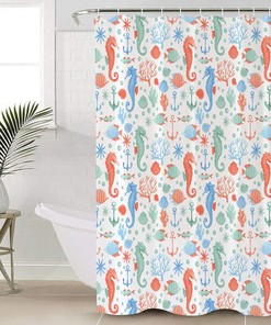 Sea World Theme Seahorse Starfish Shell Pattern Shower Curtain for Fun and Cute Bathroom Decor