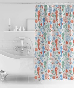 Sea World Theme Seahorse Starfish Shell Pattern Shower Curtain for Fun and Cute Bathroom Decor