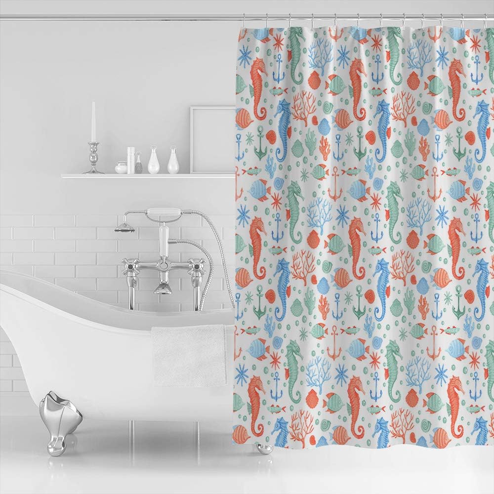 Sea World Theme Seahorse Starfish Shell Pattern Shower Curtain for Fun and Cute Bathroom Decor