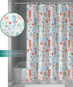 Sea World Theme Seahorse Starfish Shell Pattern Shower Curtain for Fun and Cute Bathroom Decor