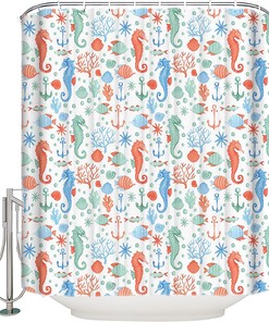 Sea World Theme Seahorse Starfish Shell Pattern Shower Curtain for Fun and Cute Bathroom Decor