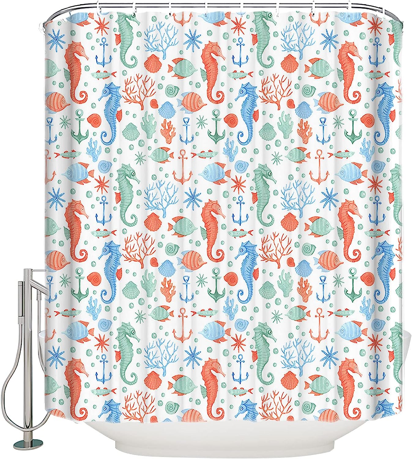 Sea World Theme Seahorse Starfish Shell Pattern Shower Curtain for Fun and Cute Bathroom Decor
