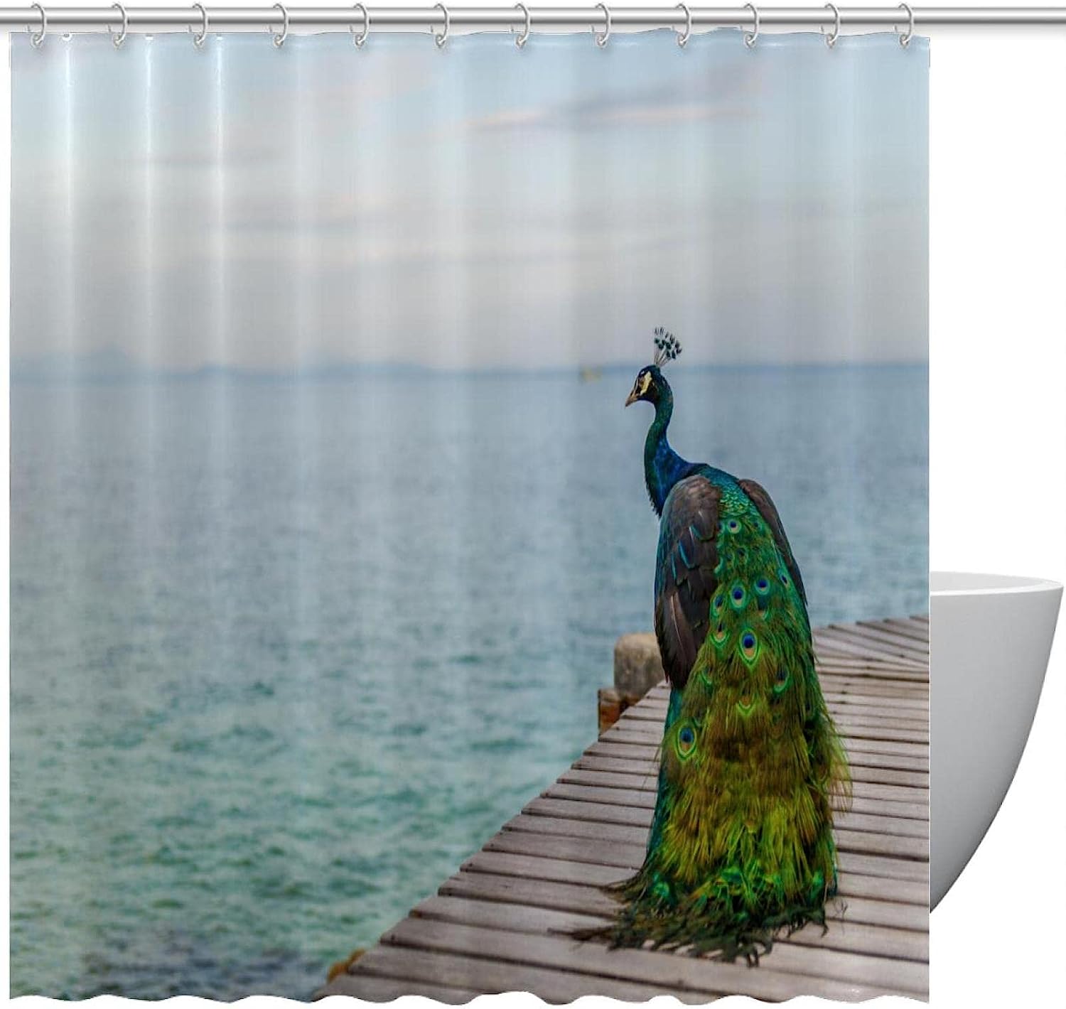 Sea and Peacock Feather Print Shower Curtain for Beach-Themed Bathroom Decor