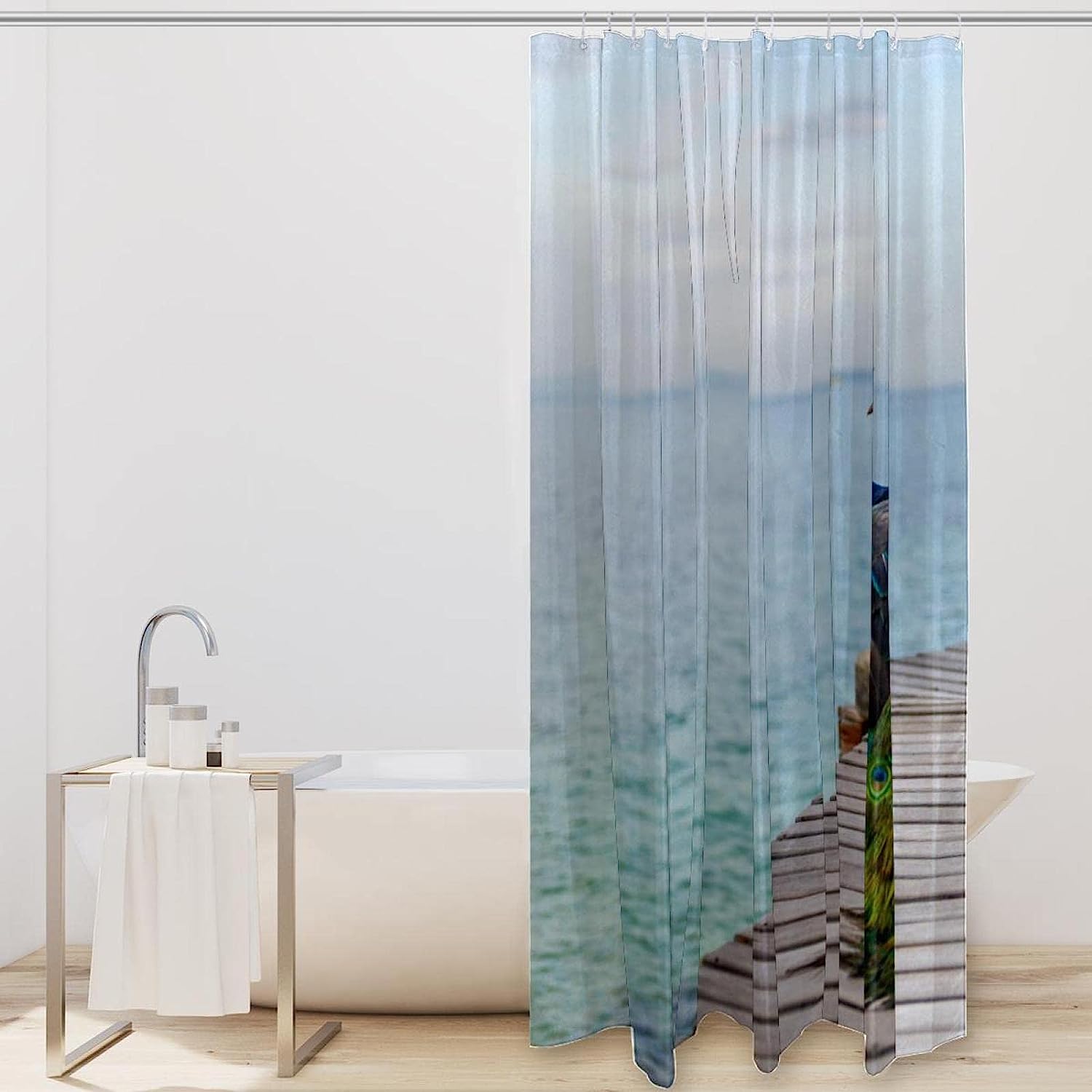 Sea and Peacock Feather Print Shower Curtain for Beach-Themed Bathroom Decor
