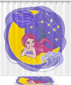 Sea-Blue Mermaid under the Moon and Stars Shower Curtain: Relax with Bathroom Decorations Soothing as Beach-side