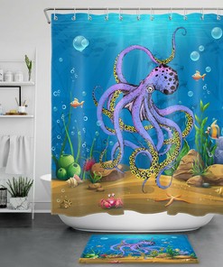 Seabed Shipwreck Octopus Tropical Fish Shower Curtain for Bathroom Decor