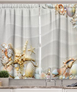 Seacoast Theme Kitchen Curtains With Colorful Seashells And Starfish