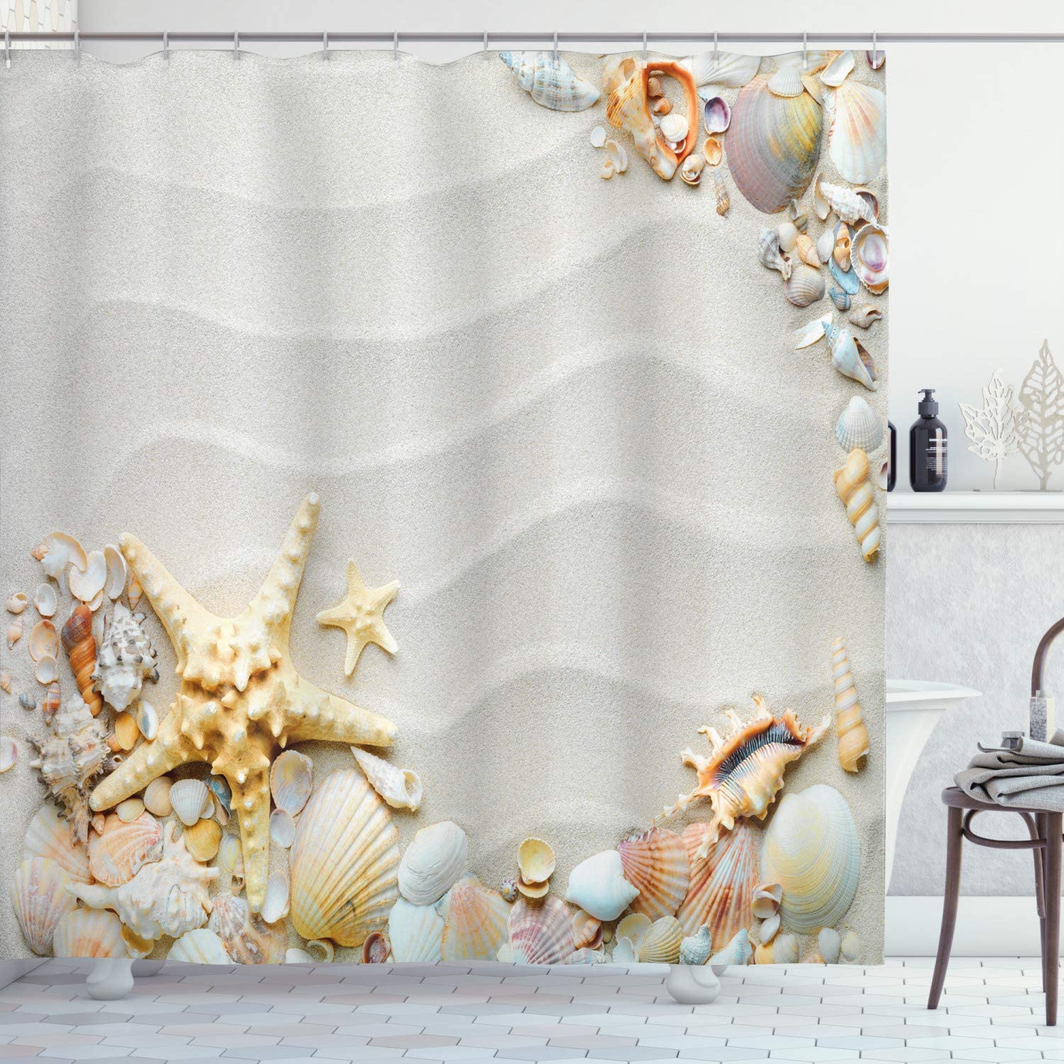 Seacoast Theme Shower Curtain With Colorful Seashells And Starfish