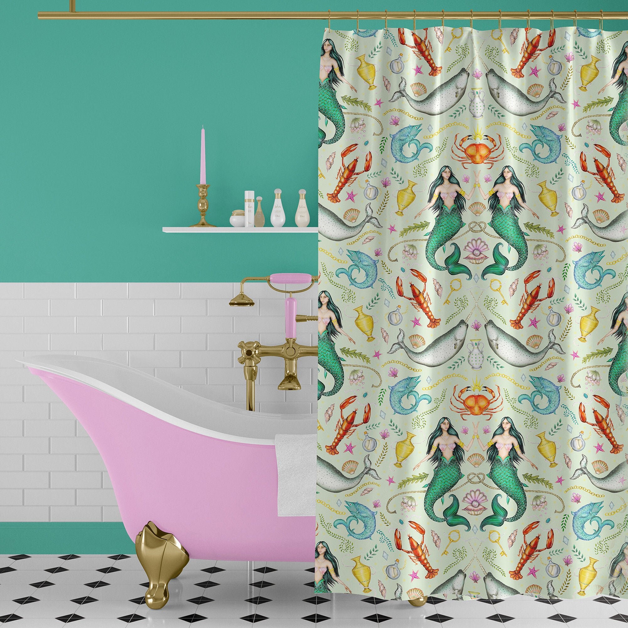 Seafoam Green Triton's Treasures Shower Curtain in 3 Sizes