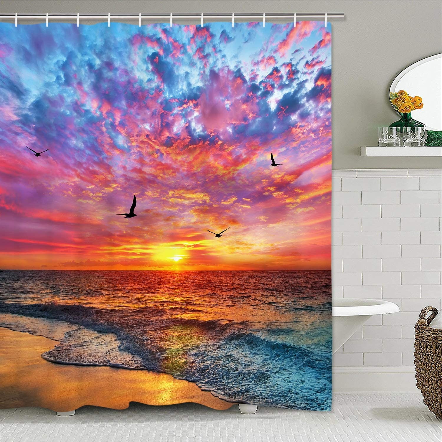 Seagull Seaside Shower Curtain With Ocean Waves Print For A Coastal Vibe