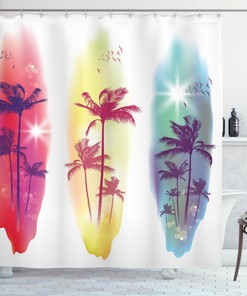 Seagulls Palm Trees Print Shower Curtain for a Coastal Bathroom