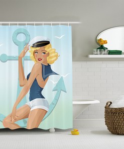 Seagulls and Anchor Shower Curtain with Seashore Ombre Design - Nautical Bathroom Decor Accessory