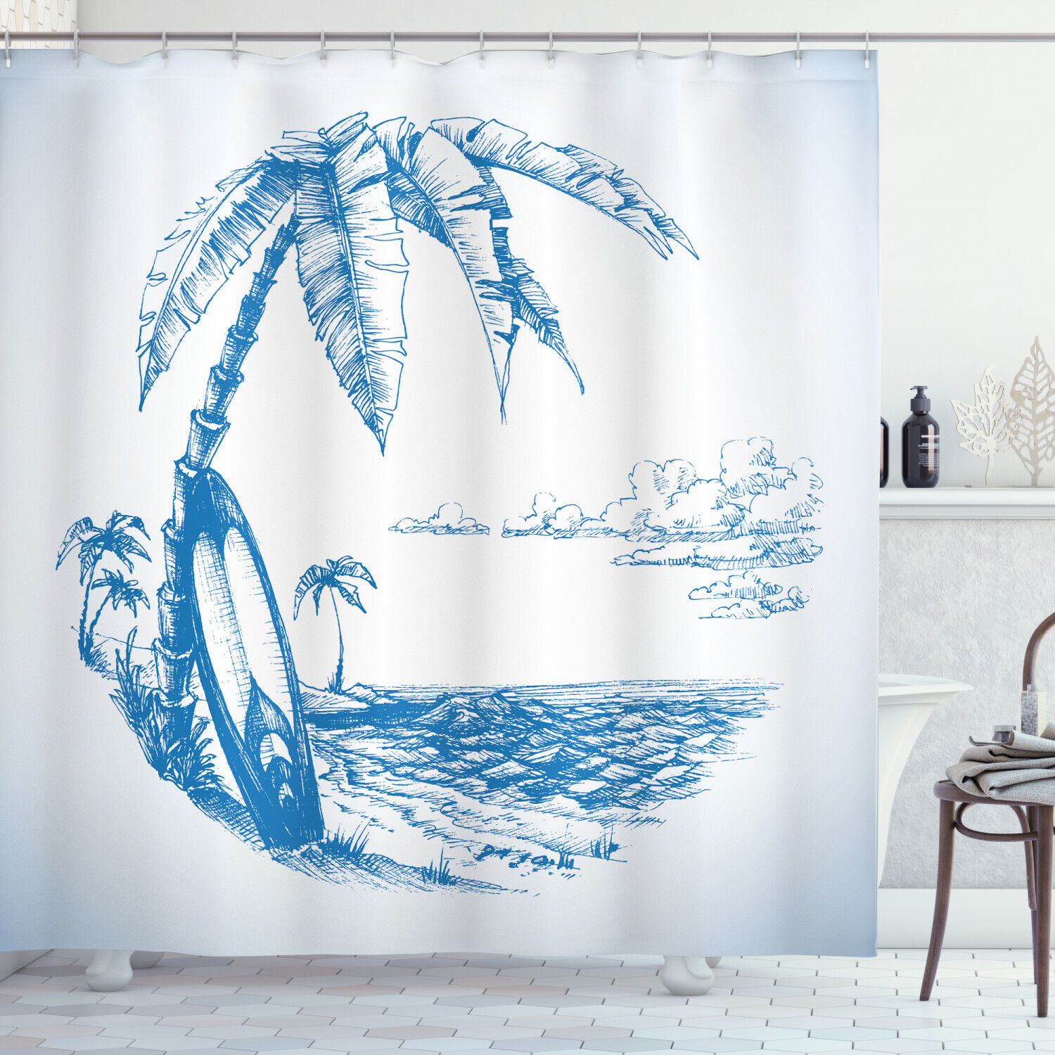Seahorse Anchors Sea Turtle Corals Fabric Shower Curtain, Sketch Bathroom Decor