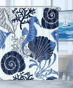 Seahorse And Seashells Coral Ocean Themed Bath Curtain - Coastal Shower Curtain