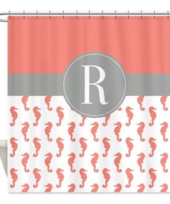 Seahorse Monogram Coral Grey White Shower Curtain, Nautical Bathroom Decor