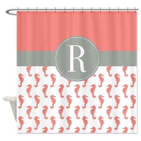 Seahorse Monogram Coral Grey White Shower Curtain, Nautical Bathroom Decor