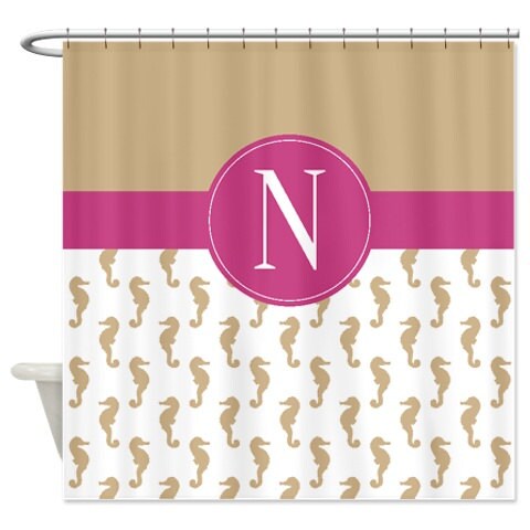 Seahorse Monogram Coral Grey White Shower Curtain, Nautical Bathroom Decor - Image 2