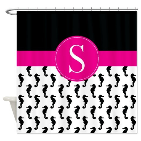 Seahorse Monogram Coral Grey White Shower Curtain, Nautical Bathroom Decor - Image 3
