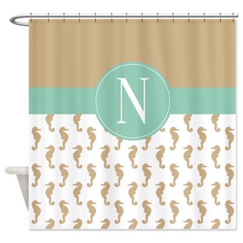 Seahorse Monogram Coral Grey White Shower Curtain, Nautical Bathroom Decor - Image 4
