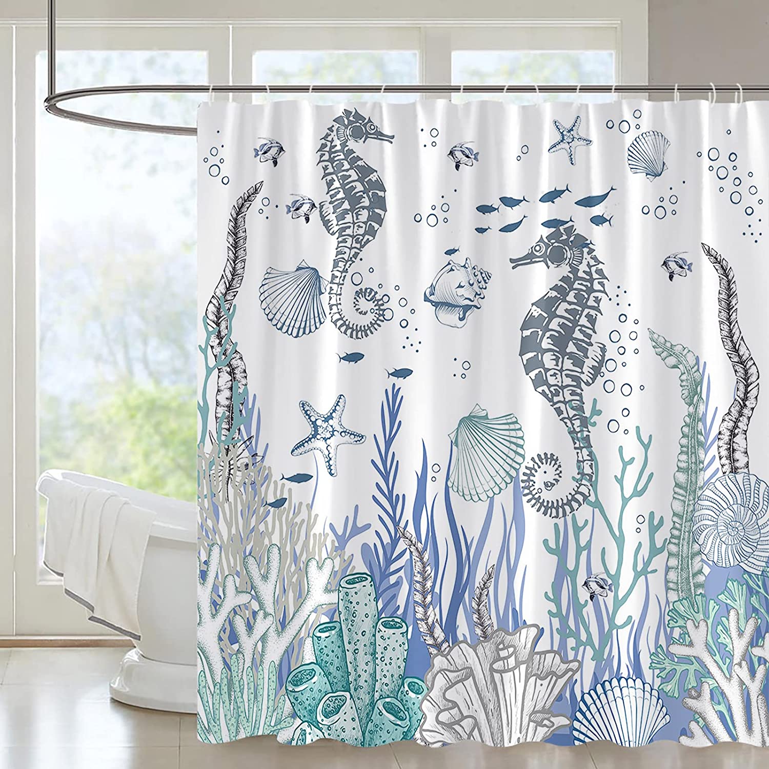 Seahorse Nautical Shower Curtain - Ocean Coastal Bath Decor