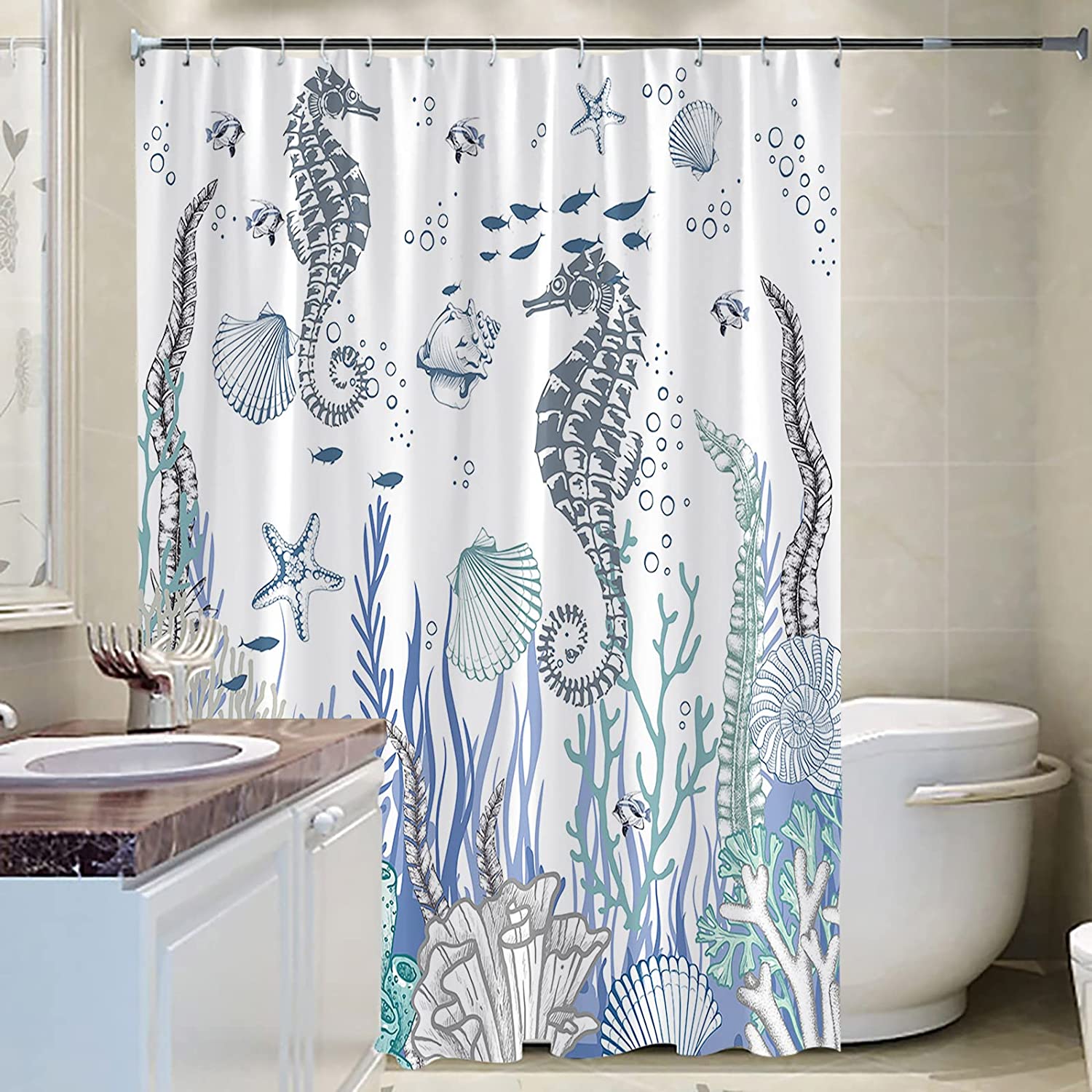Seahorse Nautical Shower Curtain - Ocean Coastal Bath Decor
