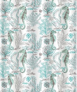 Seahorse Printed Canvas Shower Curtain with Roller Hooks for Off/White Abstract Casual Peva 