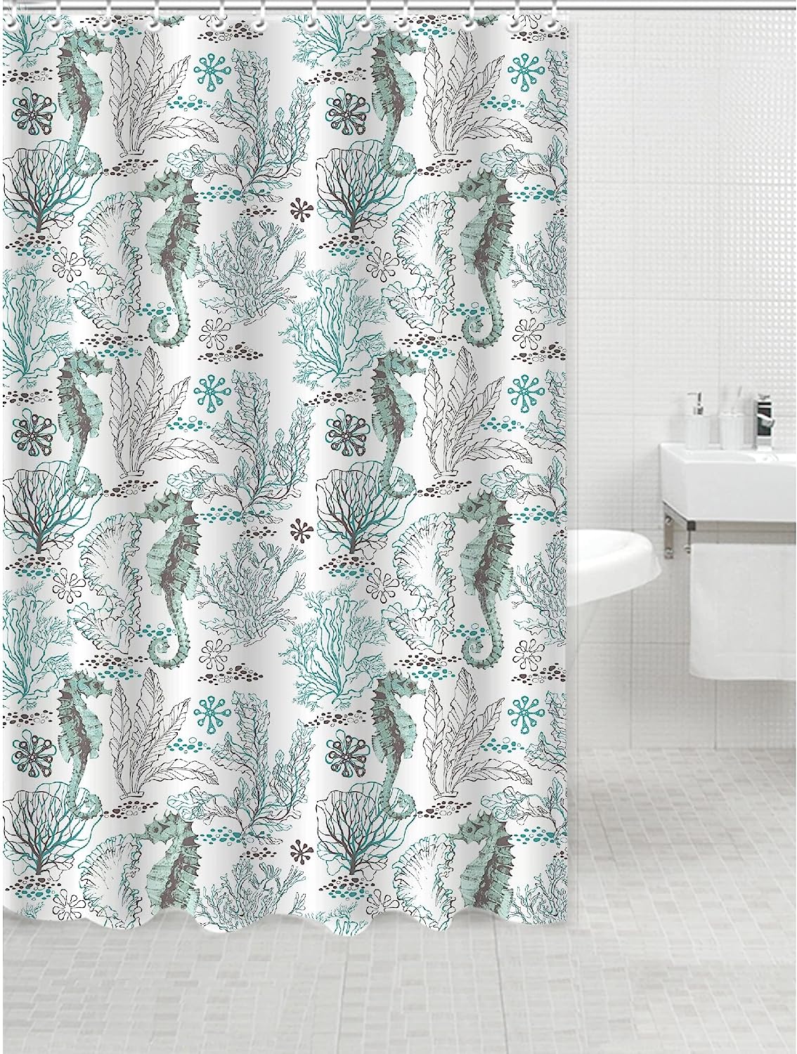 Seahorse Printed Canvas Shower Curtain with Roller Hooks for Off/White Abstract Casual Peva