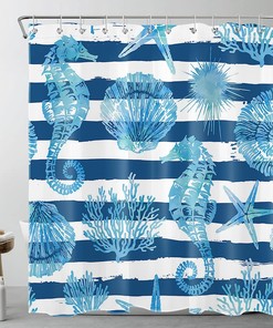 Seahorse Shower Curtain, Ocean Theme Blue And White Striped Fabric, Sea Animal Bathroom Curtains Set 